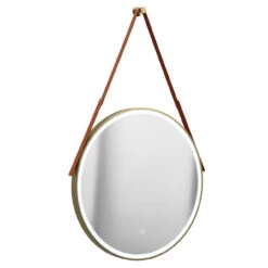 Colore Brushed Brass Frame With Brown Strap 600mm Round Illuminated LED Mirror With Demister And Touch Sensor -Luxury Bathroom Shop colore brushed brass frame with brown strap 600mm round illuminated led mirror with demister and touch sensor left 28733.1668442880