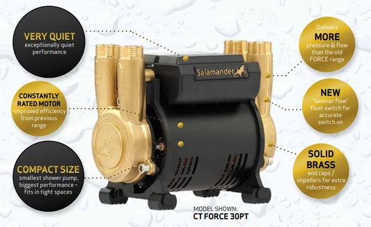 Salamander 1.5 Bar Twin Brass Ended Universal Regenerative Shower And Bathroom Pump - Ct Force 15Tu 4 Salamander 1.5 Bar Twin Brass Ended Universal Regenerative Shower And Bathroom Pump - Ct Force 15Tu - Image 2